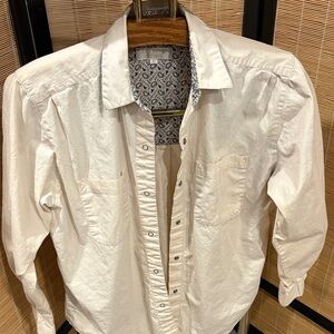 White Button-Up Shirt with Printed Inner Collar